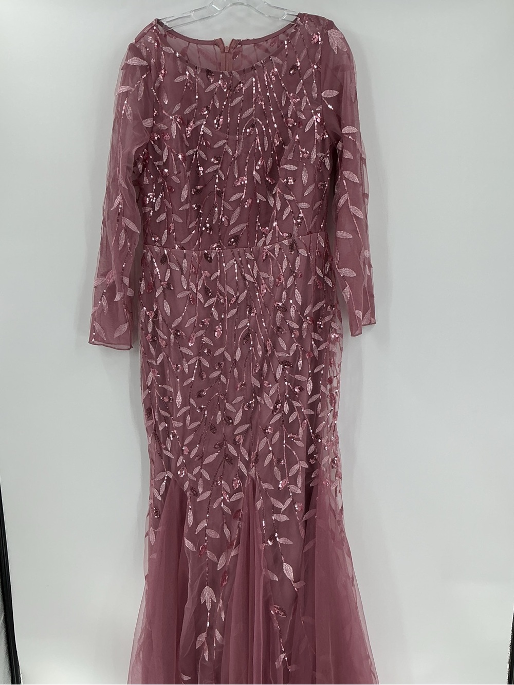 Sequin Leaf Embroidered Mermaid Gown Mauve 3/4 Sleeve Formal Dress S - Picture 4 of 13
